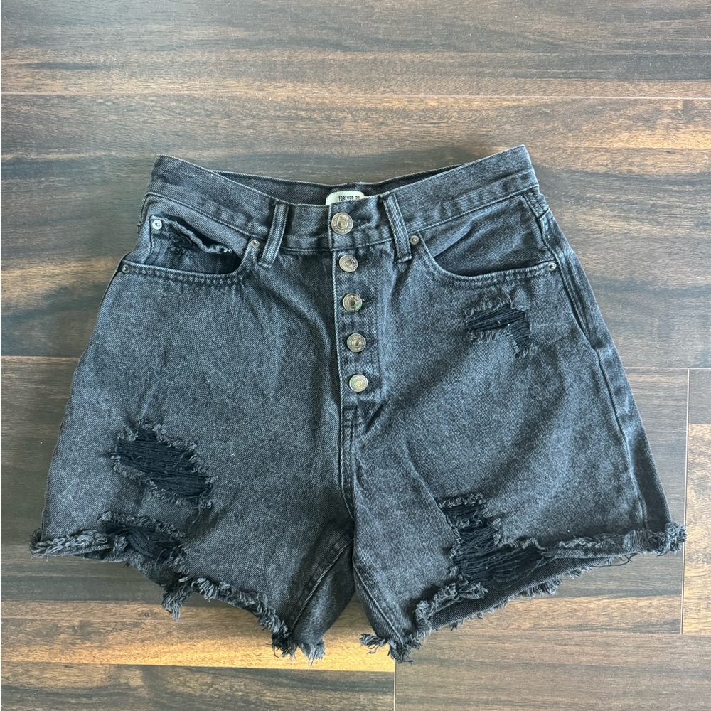High-Waisted Distressed Black Denim Shorts